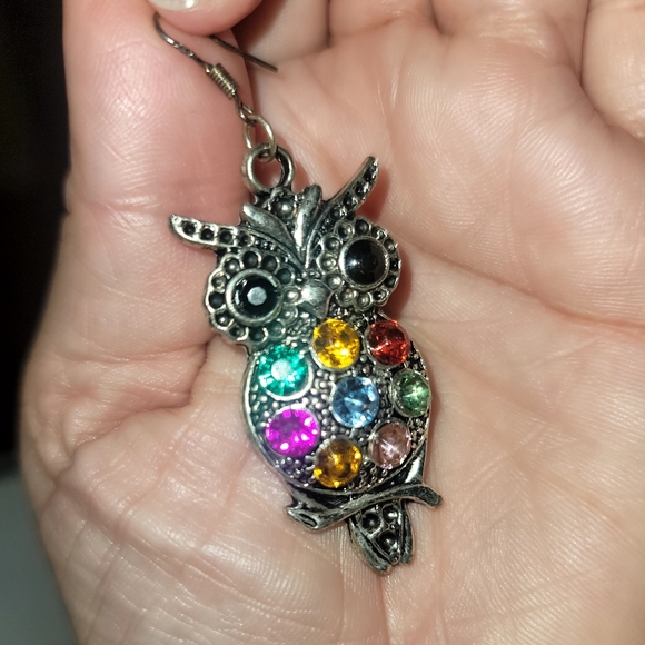 Owl Design Colorful Beads Rhinestone Inlaid Dangle Earrings - Picture 4 of 5